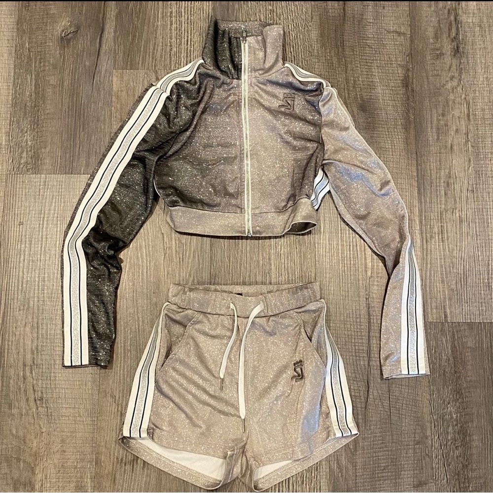 Shane Justin Silver Glitter Two Piece Set Cropped Jacket and Shorts Size Small